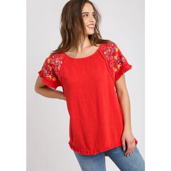 Umgee Orange Embroidered Boho Linen Blend Fairy Lagenlook Top Size Small - Picture 1 of 8